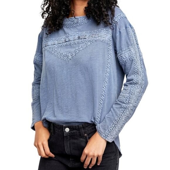 New Free People Crochet Long Sleeve Top in Blue Western Boho Size XS - Picture 2 of 11